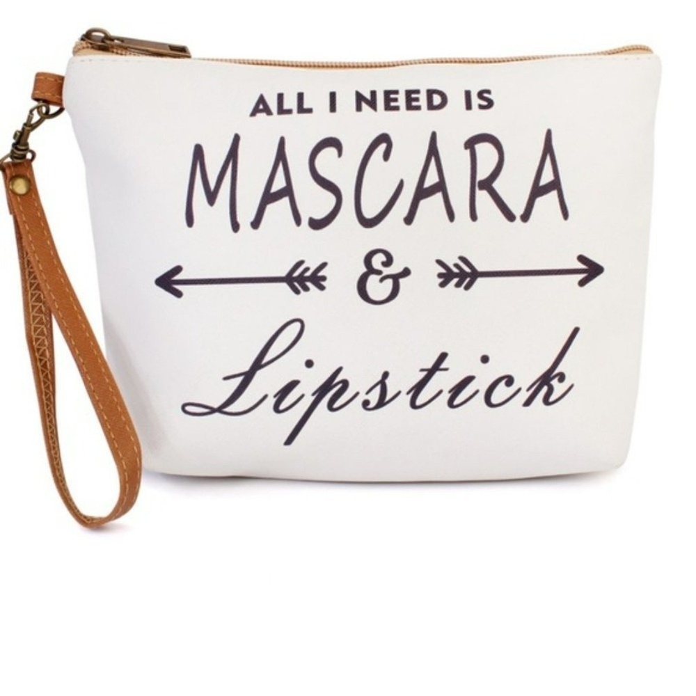 All I Need is Mascara & Lipstick Wristlet Makeup Cosmetics Pouch Travel Bag New